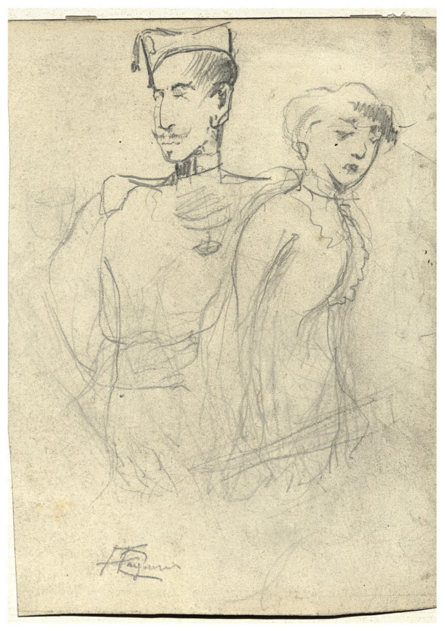 Figure di soldato e di donna, Figure di soldato e di donna (disegno) di Cagnoni, Amero (secc. XIX/ XX)