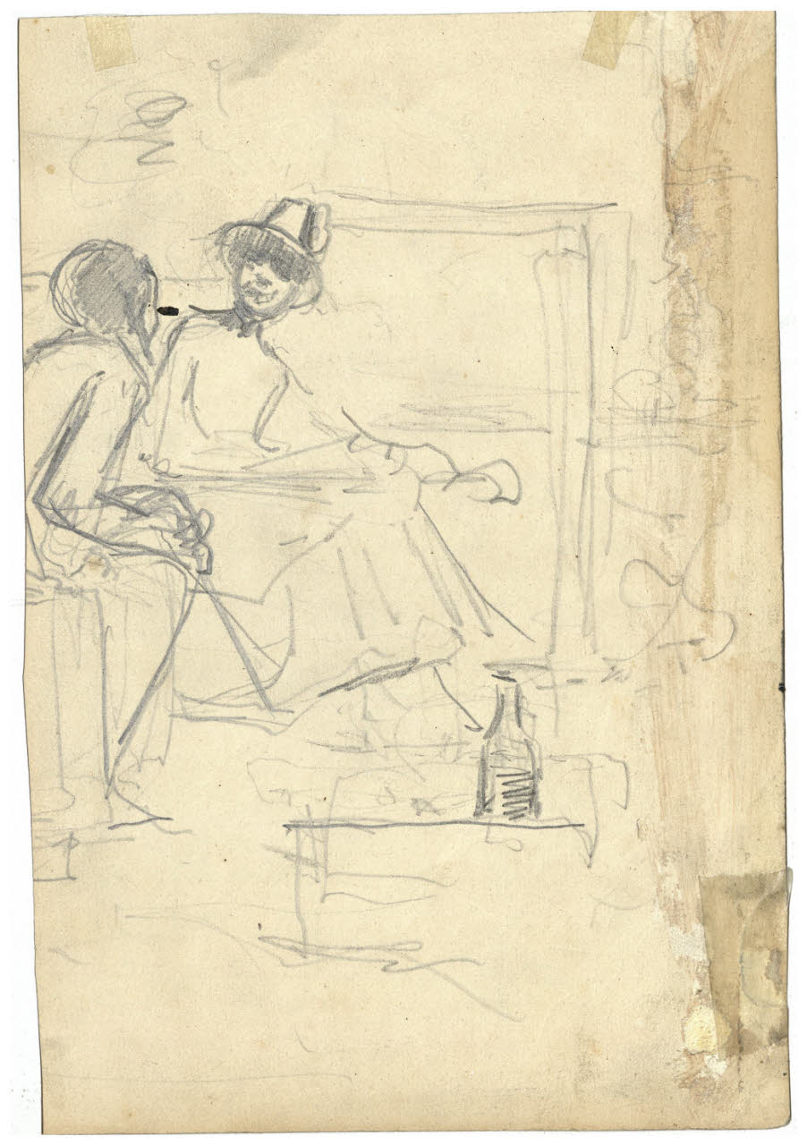 Due uomini seduti davanti a una bottiglia, Due uomini seduti davanti a una bottiglia (disegno) di Cagnoni, Amero (secc. XIX/ XX)