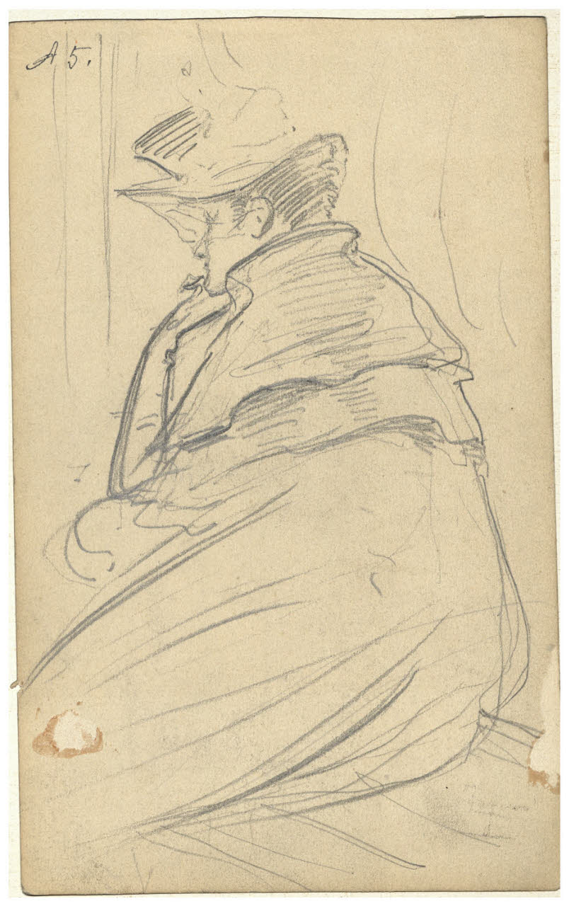 La viaggiatrice, Donna con mantello seduta (disegno) di Cagnoni, Amero (secc. XIX/ XX)