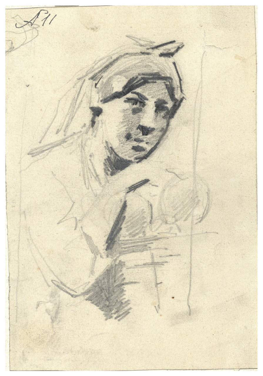 La pensosa, Testa femminile con fazzolettino (disegno) di Cagnoni, Amero (secc. XIX/ XX)