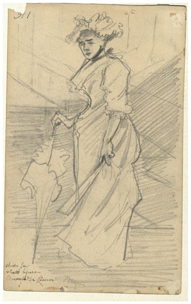 Figura femminile in piedi con ombrello, Figura femminile in piedi con ombrello (disegno) di Cagnoni, Amero (secc. XIX/ XX)