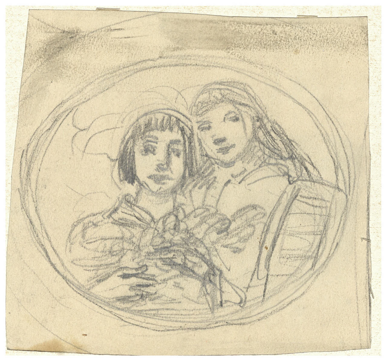 Le sorelline Fumagalli, Ritratto di due ragazze in un tondo (disegno) di Cagnoni, Amero (secc. XIX/ XX)
