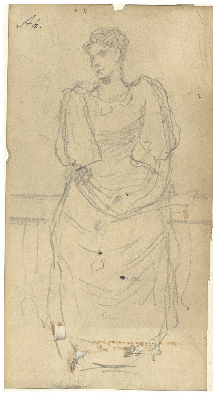 Figura femminile in piedi (Studio per "ritratto della cognata fu Carolina Cagnoni", vedi nota ms. della vedova), Figura femminile in piedi (Studio per "ritratto della cognata fu Carolina Cagnoni", vedi nota ms. della vedova) (disegno) di Cagnoni, Amero (secc. XIX/ XX)