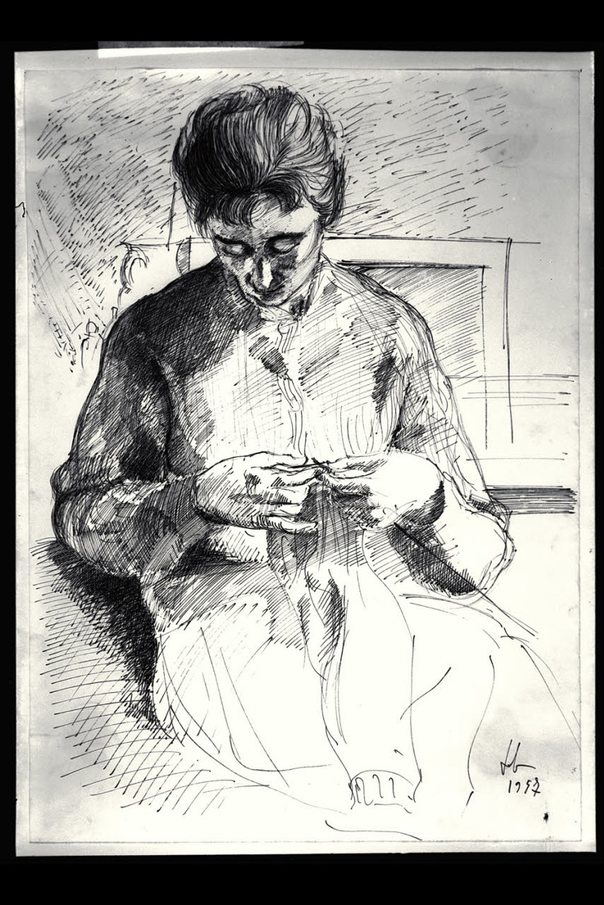 Donna seduta che lavora a maglia (disegno) di Job, Enrico (sec. XX)