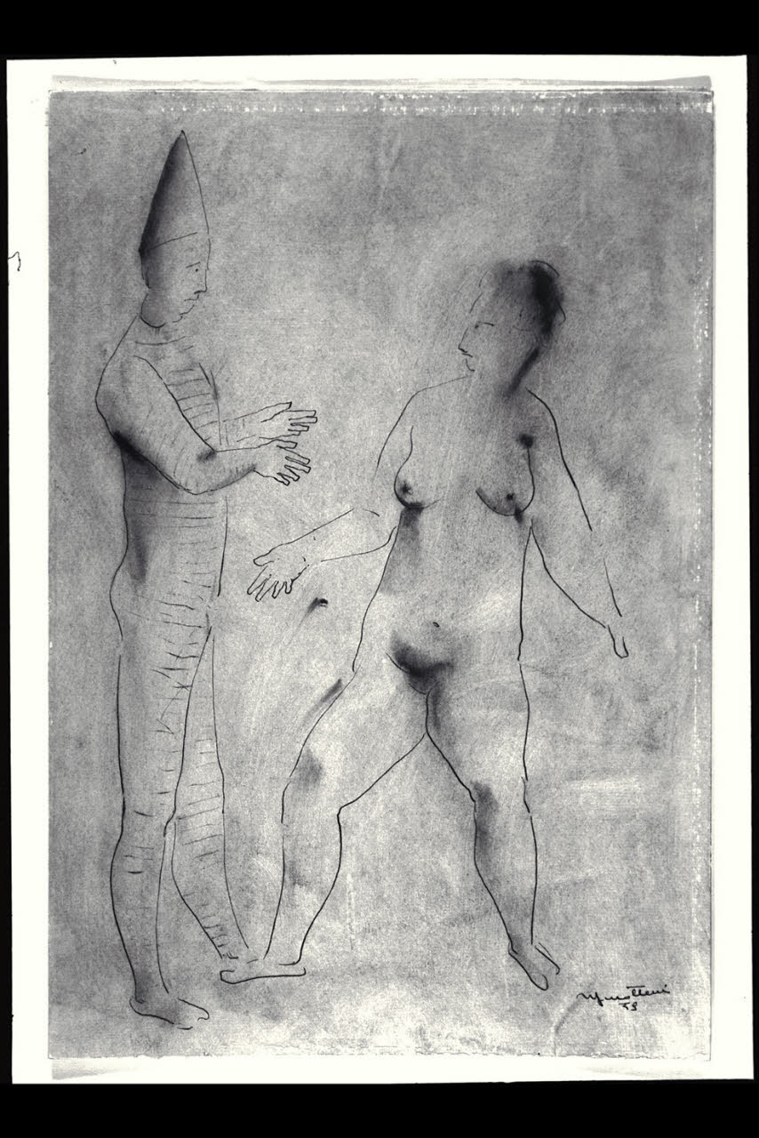 Pagliaccio che conversa con una donna (disegno) di Molteni, Mario (sec. XX)
