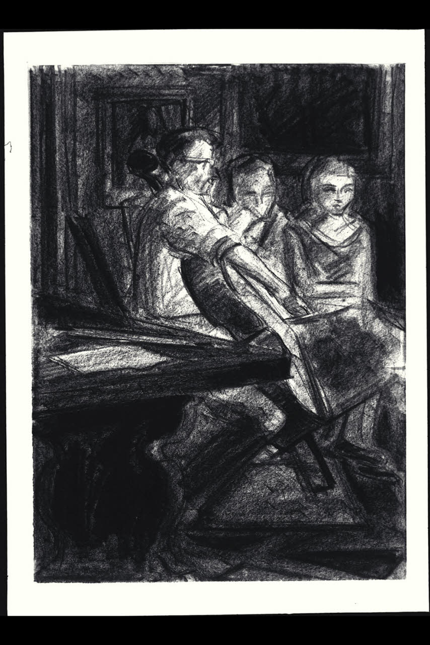 Scuola di violoncello, Maestro Navarra - Accademia Musicale Chigiana (disegno) di Mutinelli, Anna (sec. XX)