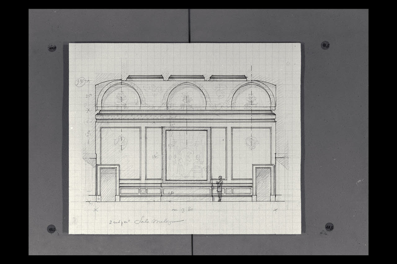Sezione longitudinale della Sala Melozzo nella Nuova Pinacoteca Vaticana (disegno) di Beltrami, Luca (sec. XX)