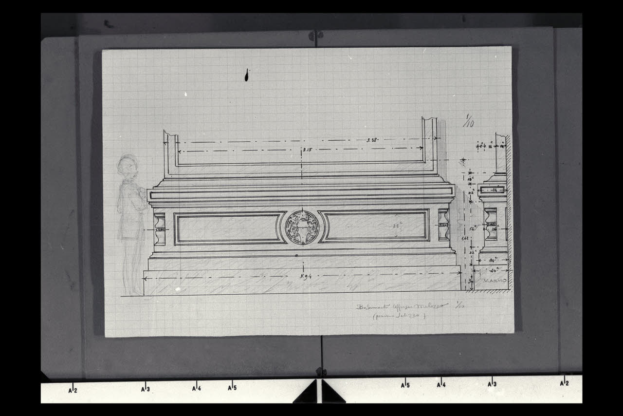 Schizzo frontale e laterale del basamento dell'affresco di Melozzo nella Nuova Pinacoteca Vaticana (disegno) di Beltrami, Luca (sec. XX)