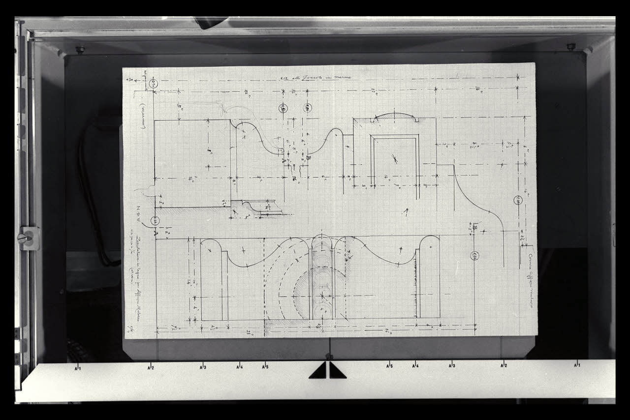 Profilo della zoccolatura in legno per affresco Melozzo nella Nuova Pinacoteca Vaticana (disegno) di Beltrami, Luca (sec. XX)