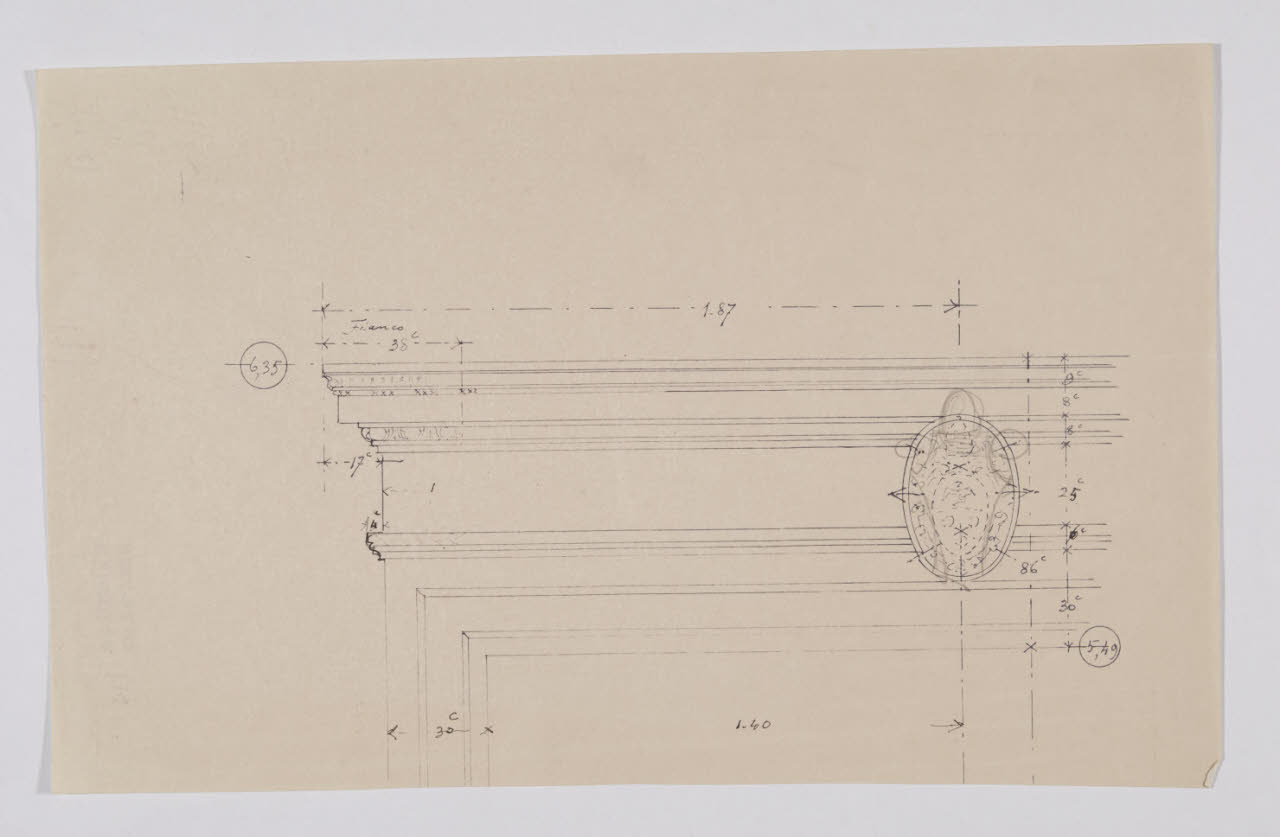 Cornice sormontata dallo stemma papale nella sala di Raffaello della Nuova Pinacoteca Vaticana (disegno) di Beltrami, Luca (ca. 1929 - ca. 1931)