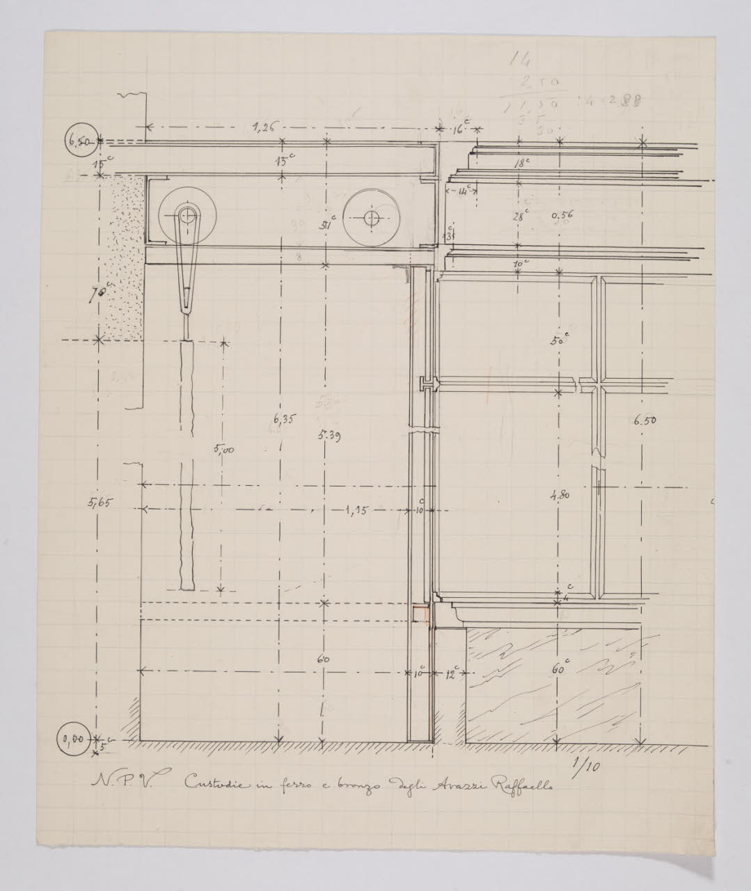 Sezione delle custodie in ferro e bronzo degli arazzi di Raffaello nella Nuova Pinacoteca Vaticana (disegno) di Beltrami, Luca (ca. 1929 - ca. 1931)
