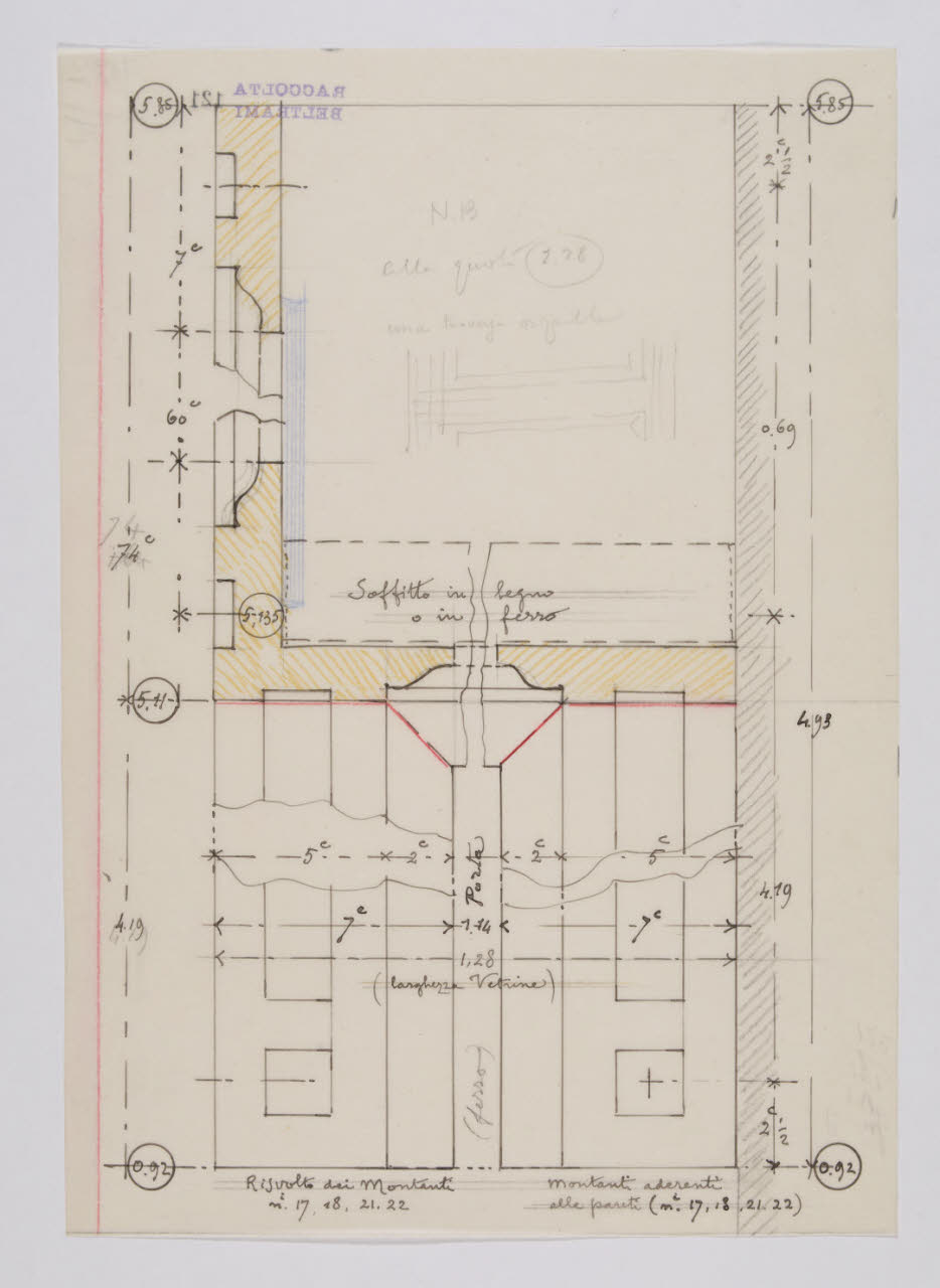 Dettaglio delle vetrine della sala Raffaello nella Nuova Pinacoteca Vaticana (disegno) di Beltrami, Luca (ca. 1929 - ca. 1931)
