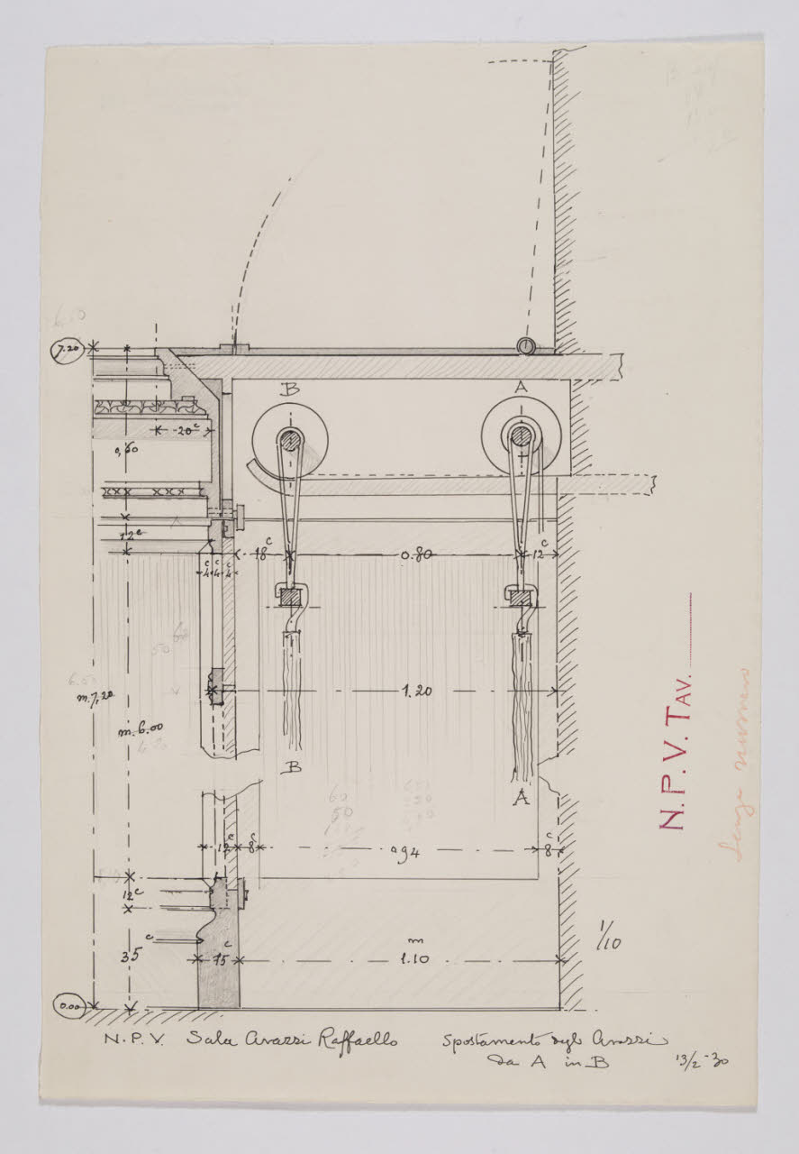 Sezione del meccanismo che regola lo spostamento degli arazzi della Sala di Raffaello nella Nuova Pinacoteca Vaticana (disegno) di Beltrami, Luca (1930 - 1930)