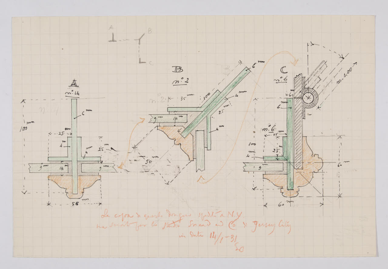 Dettaglio di particolari delle vetrine per l'esposizione degli Arazzi della sala di Raffaello nella Nuova Pinacoteca Vaticana (disegno) di Beltrami, Luca (ca. 1929 - ca. 1931)