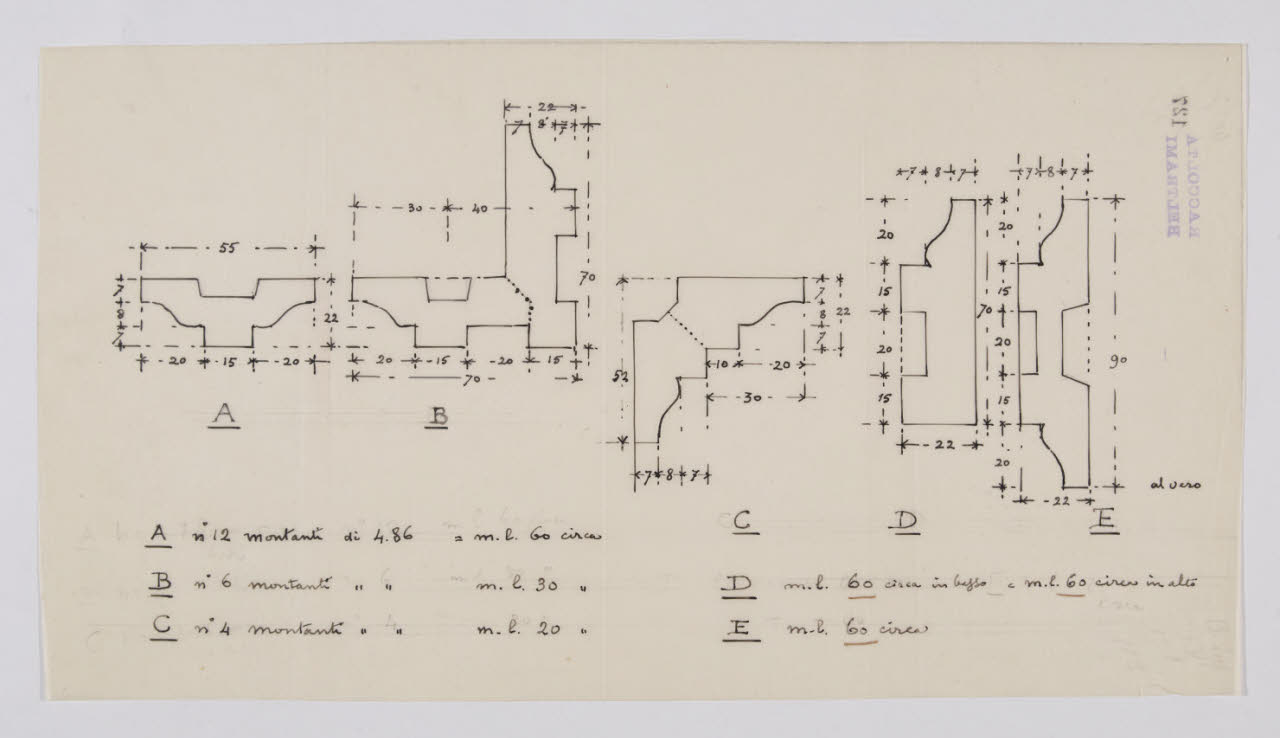 Dettaglio di particolari delle vetrine per l'esposizione degli Arazzi della sala Raffaello nella Nuova Pinacoteca Vaticana (disegno) di Beltrami, Luca (ca. 1929 - ca. 1931)
