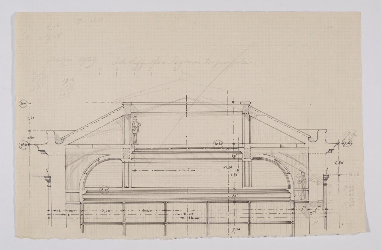 Sezione della sala Raffaello nella Nuova Pinacoteca Vaticana all'altezza della copertura (disegno) di Beltrami, Luca (ca. 1929 - ca. 1931)