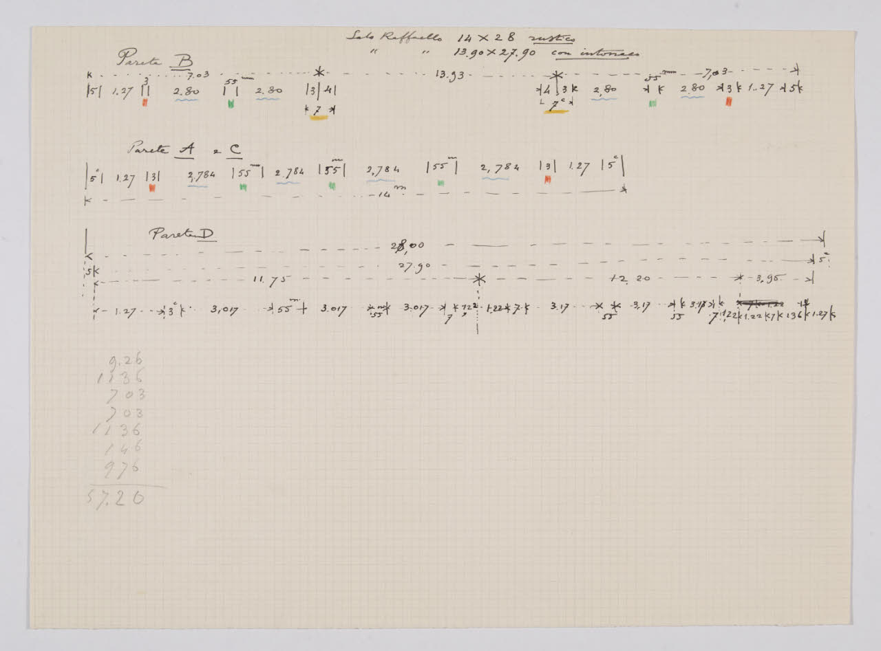 Appunti sulle dimensioni delle pareti della sala Raffaello nella Nuova Pinacoteca Vaticana (disegno) di Beltrami, Luca (sec. XX)