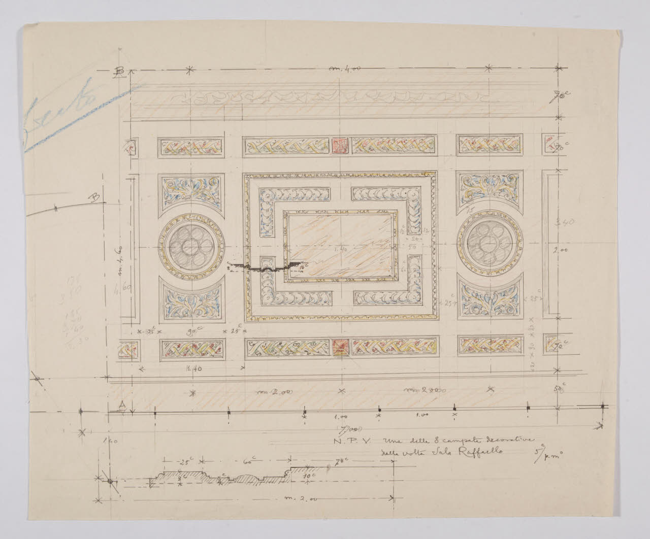 Decorazione di una delle otto campate decorative della volta della sala Raffaello nella Nuova Pinacoteca Vaticana (disegno) di Beltrami, Luca (sec. XX)