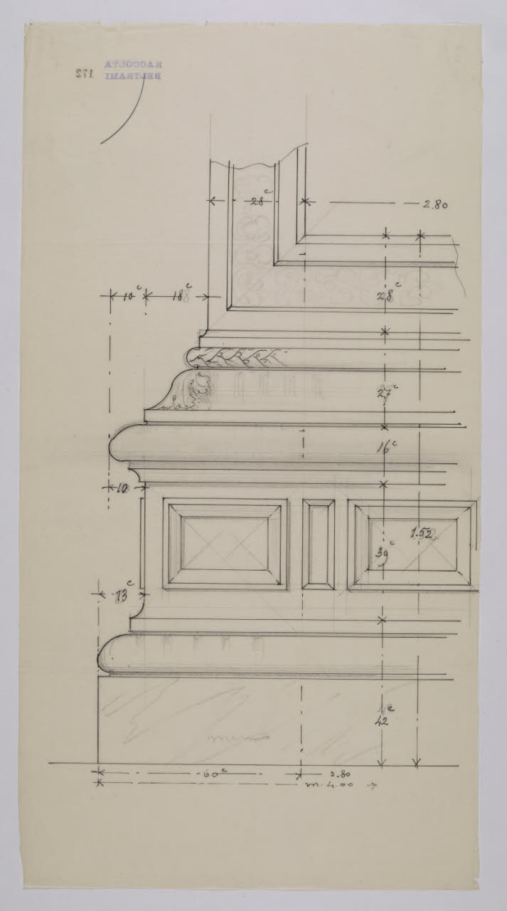 Alzato di un basamento della sala Raffaello nella Nuova Pinacoteca Vaticana (disegno) di Beltrami, Luca (sec. XX)