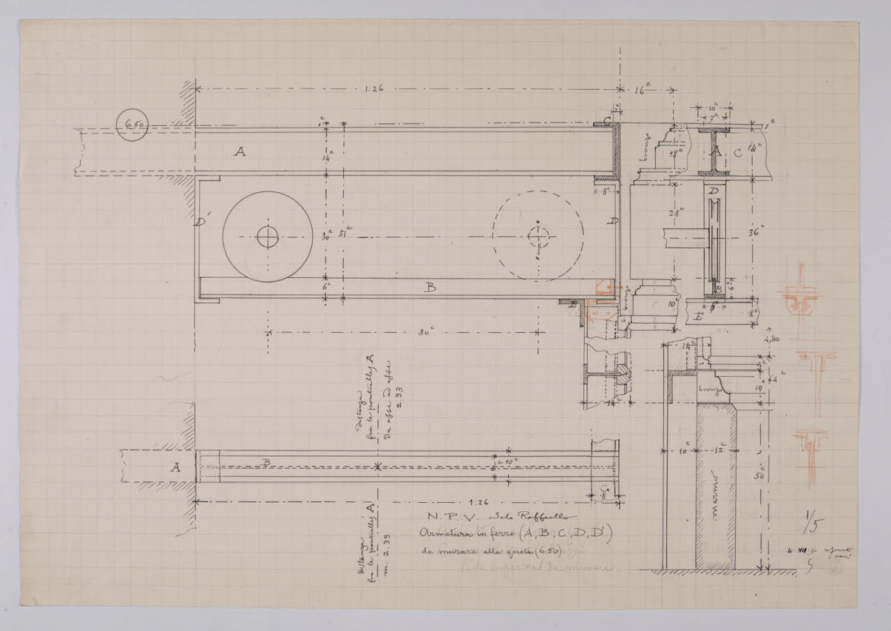 Sezione della parte alta delle vetrine per gli Arazzi della sala Raffaello nella Nuova Pinacoteca Vaticana (disegno) di Beltrami, Luca (sec. XX)