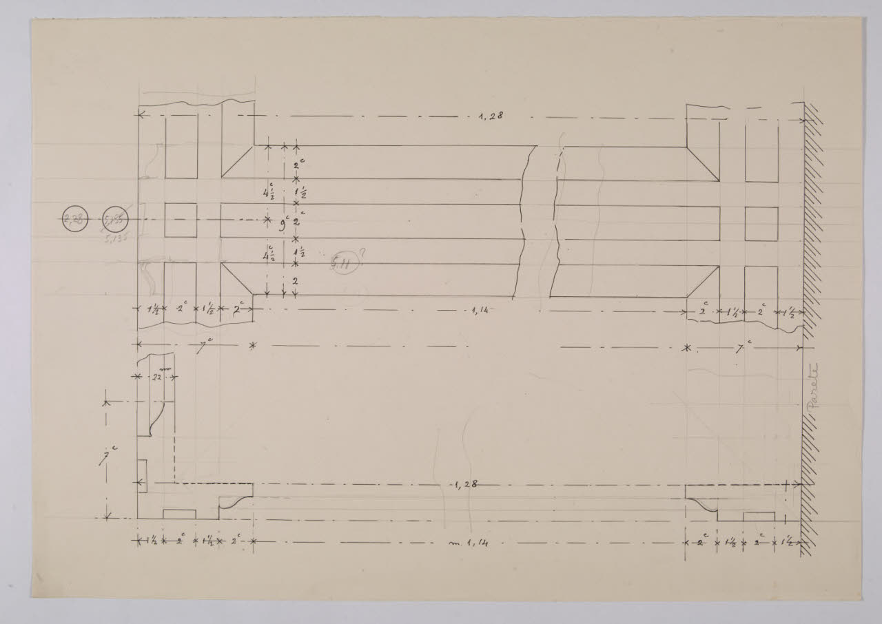Dettaglio dei montanti delle vetrine per gli arazzi nella sala Raffaello della Nuova Pinacoteca Vaticana (disegno) di Beltrami, Luca (sec. XX)