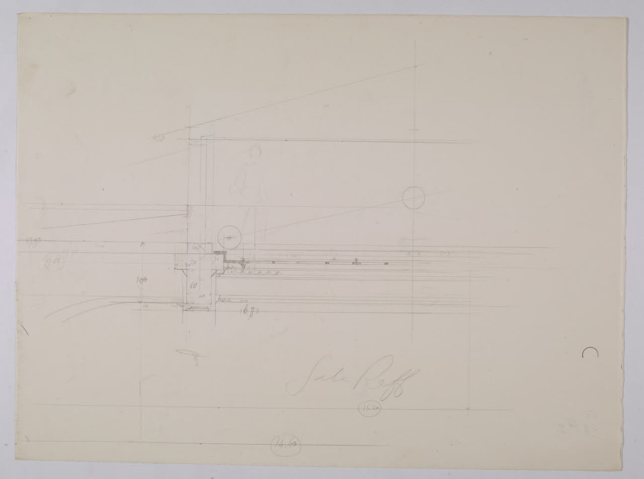 Sezione di una parte della copertura dettagliata sull'appoggio velario e trave della sala Raffaello nella Nuova Pinacoteca Vaticana (disegno) di Beltrami, Luca (sec. XX)
