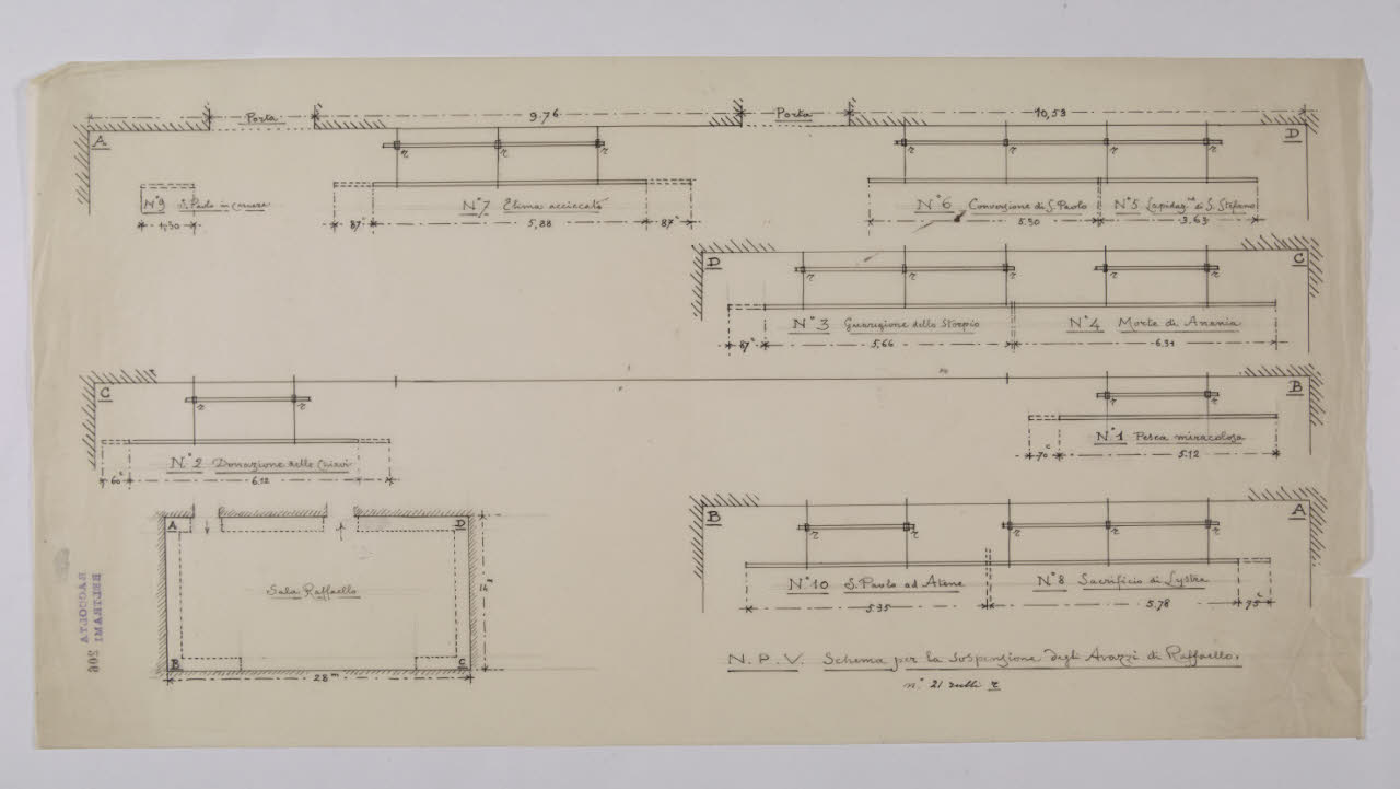 Schema per la sospensione degli arazzi di Raffaello nella Nuova Pinacoteca Vaticana (disegno) di Beltrami, Luca (sec. XX)