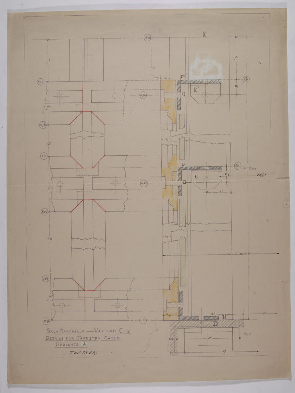 Dettagli per la sala Raffaello degli Arazzi nella Nuova Pinacoteca Vaticana (disegno) di Beltrami, Luca ((?)) (sec. XX)