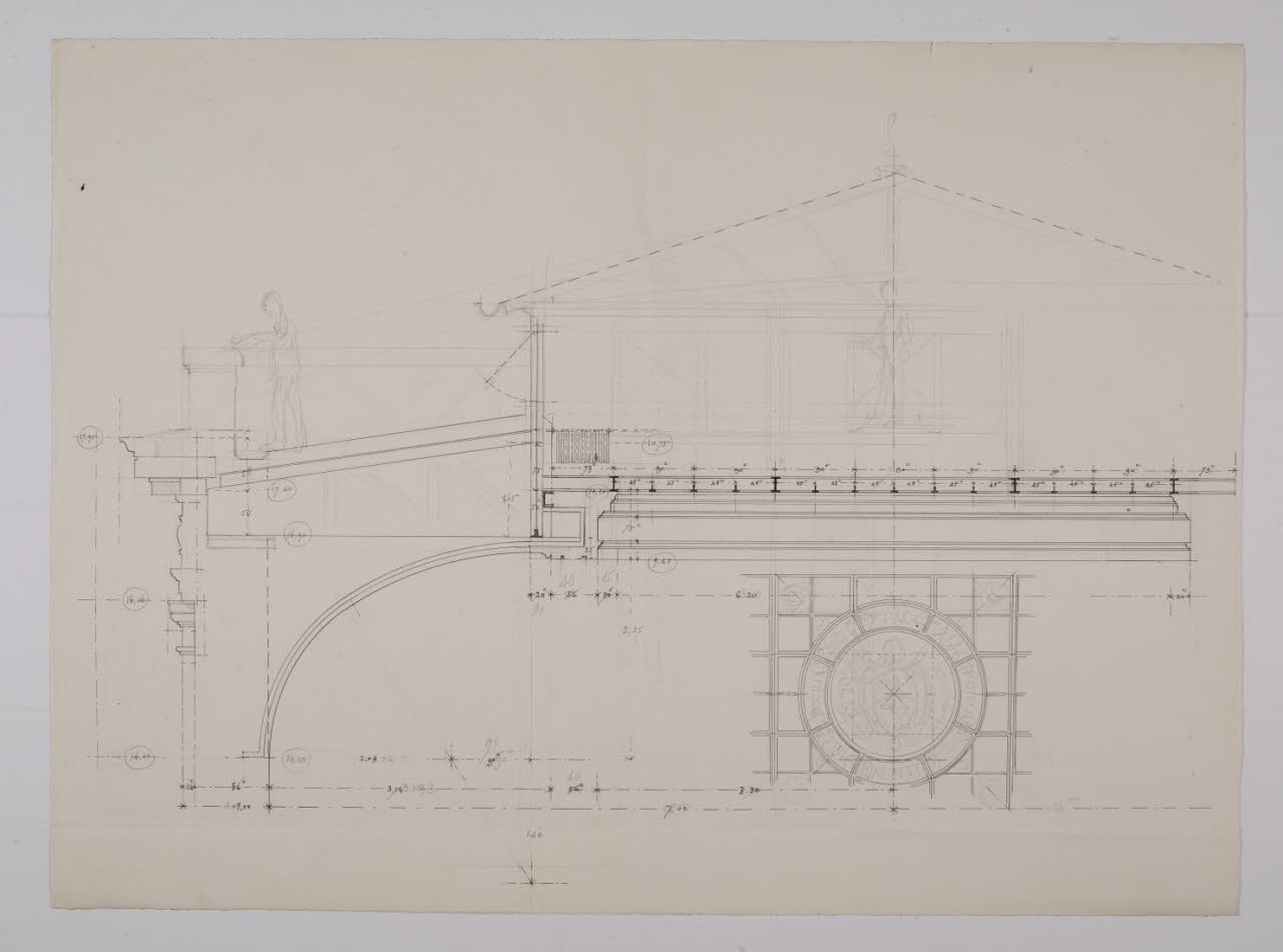 Sezione della copertura e del velario della sala Raffaello nella Nuova Pinacoteca Vaticana (disegno) di Beltrami, Luca (sec. XX)