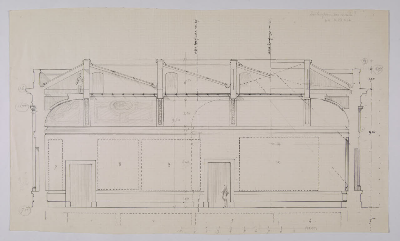Sezione longitudinale della sala Raffaello nella Nuova Pinacoteca Vaticana (disegno) di Beltrami, Luca (sec. XX)