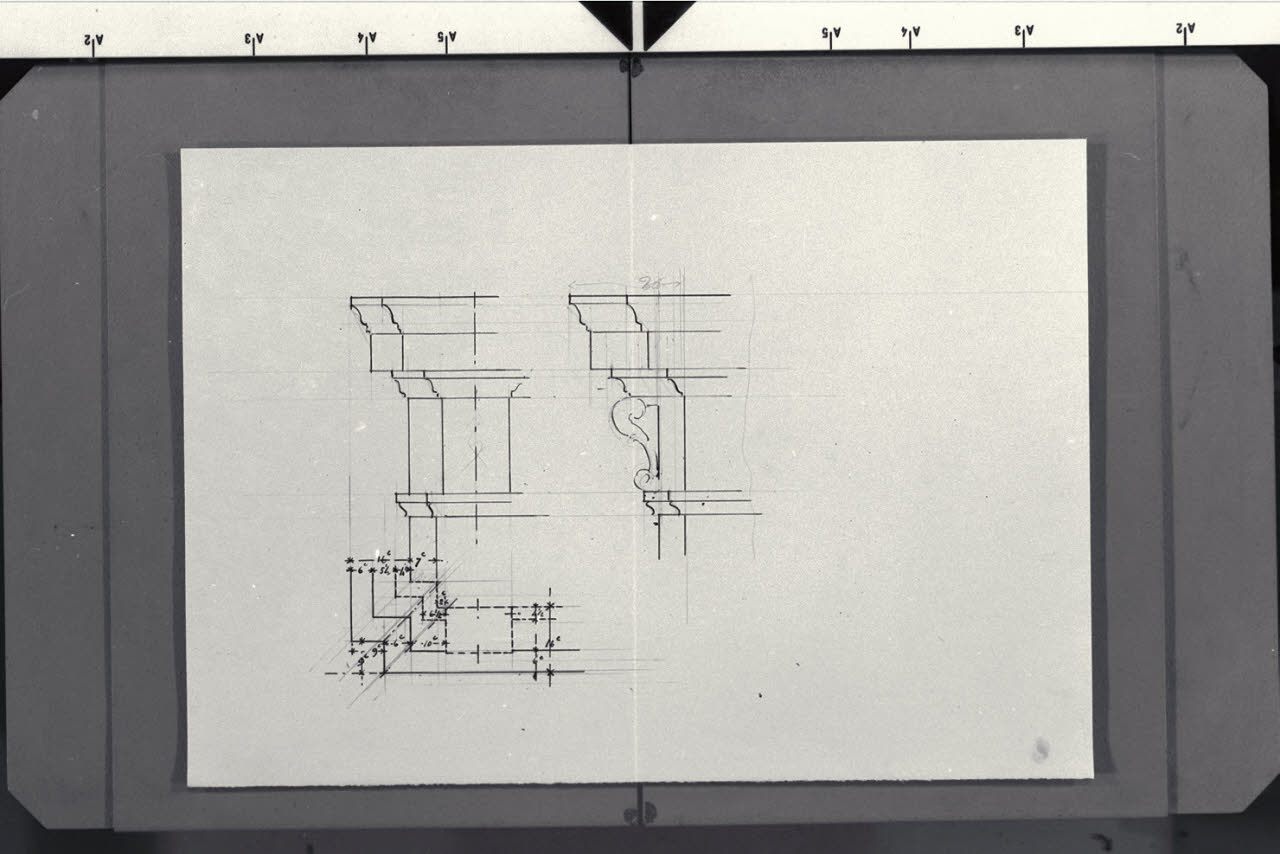 Due soluzioni d'angolo del cornicione nella Nuova Pinacoteca Vaticana (disegno) - Anonimo (sec. XX)