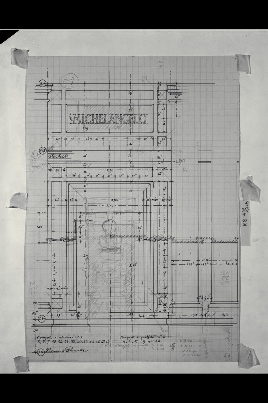 Alzato con indicazione della decorazione e dettagli in sezione delle cornici delle nicchie del prospetto verso il giardino nella Nuova Pinacoteca Vaticana (disegno) di Beltrami, Luca ((?)) (sec. XX)
