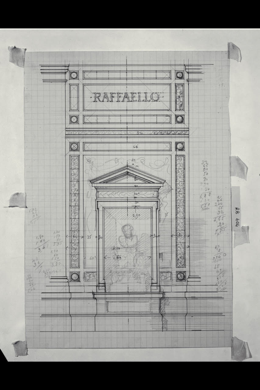 Alzato con indicazione delle decorazioni del prospetto verso il giardino nella Nuova Pinacoteca Vaticana (disegno) di Beltrami, Luca ((?)) (sec. XX)
