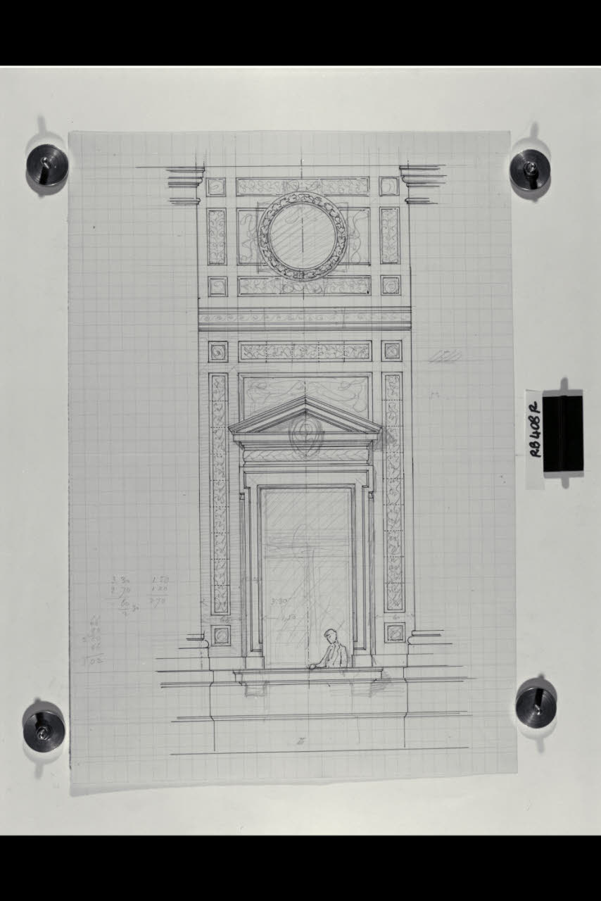 Alzato di un comparto con indicazione della decorazione di un prospetto nella Nuova Pinacoteca Vaticana (disegno) di Beltrami, Luca ((?)) (sec. XX)
