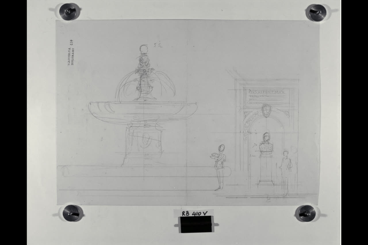 Schizzo di una fontana e della nicchia per il busto di Pio XI nella Nuova Pinacoteca Vaticana (disegno) di Beltrami, Luca ((?)) (sec. XX)