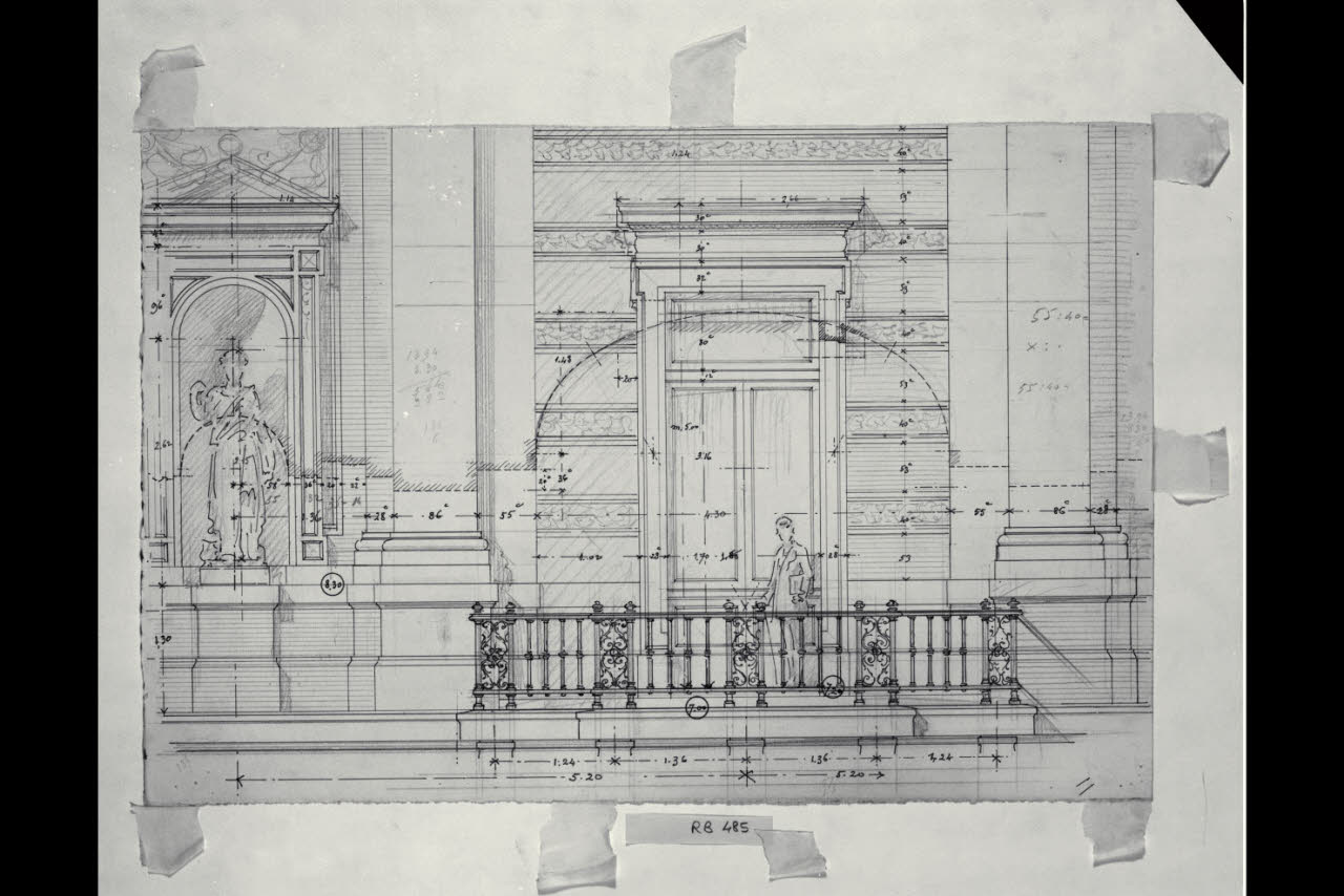 Prospetto di un dettaglio in corrispondenza della balconata nella Nuova Pinacoteca Vaticana (disegno) di Beltrami, Luca (sec. XX)