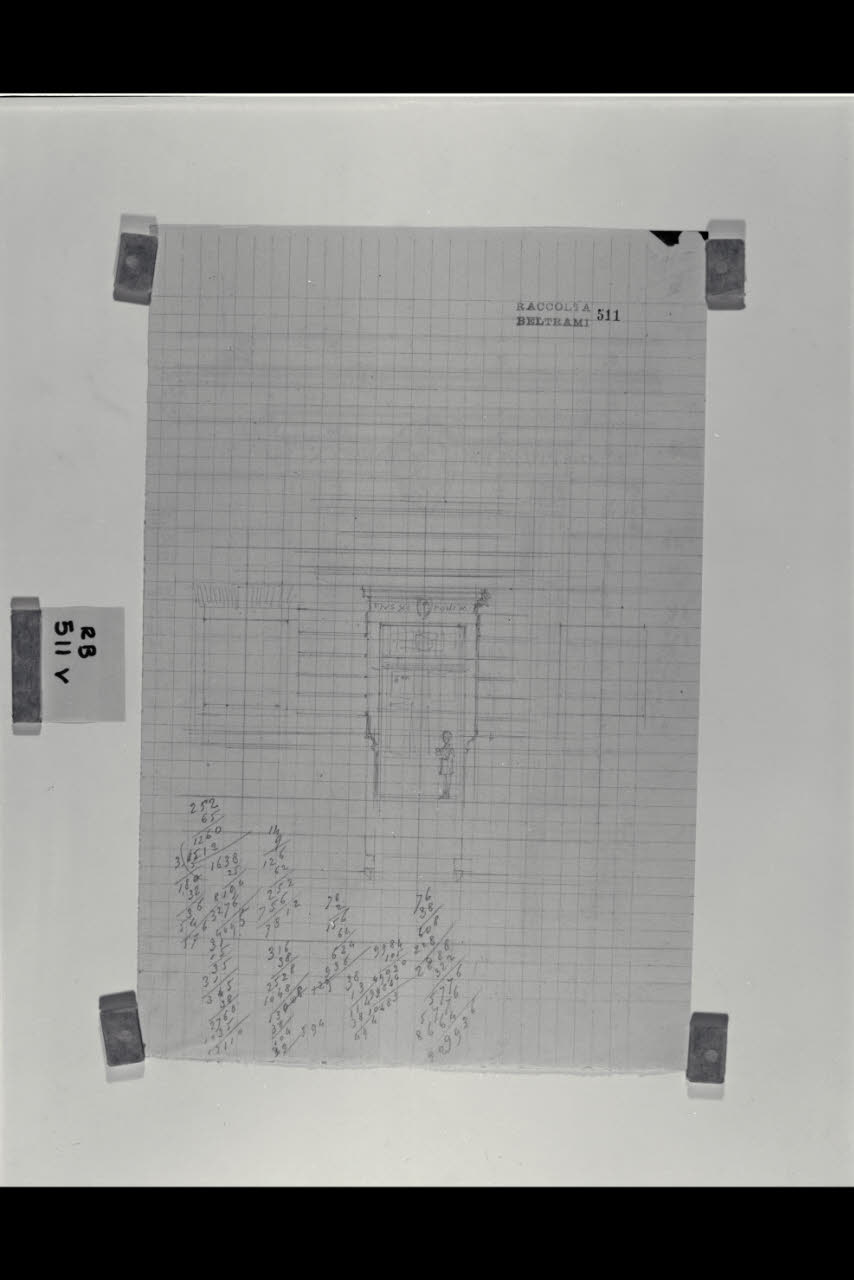 Calcoli e schizzo di un ingresso nella Nuova Pinacoteca Vaticana (disegno) di Beltrami, Luca ((?)) (sec. XX)