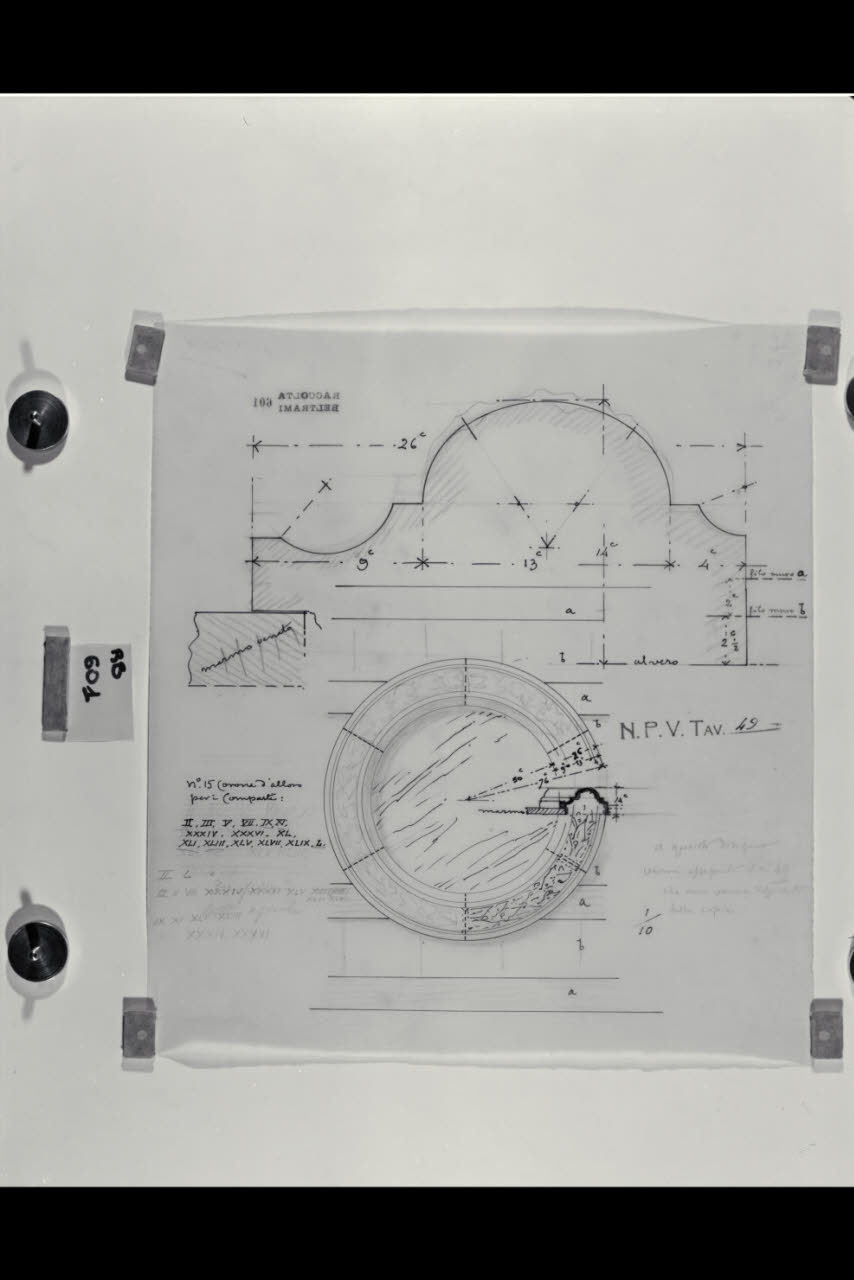 Prospetto e sezioni della corona d'alloro per i comparti nella Nuova Pinacoteca Vaticana (disegno) di Beltrami, Luca ((?)) (sec. XX)