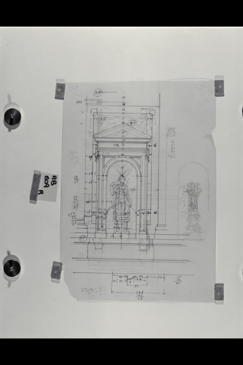 Prospetto dell'edicola per la facciata principale nella Nuova Pinacoteca Vaticana (disegno) di Beltrami, Luca ((?)) (sec. XX)