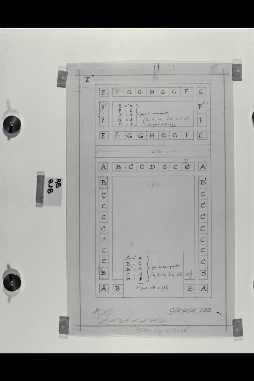 Schema per la decorazione dei comparti dei prospetti nella Nuova Pinacoteca Vaticana (disegno) di Beltrami, Luca ((?)) (sec. XX)
