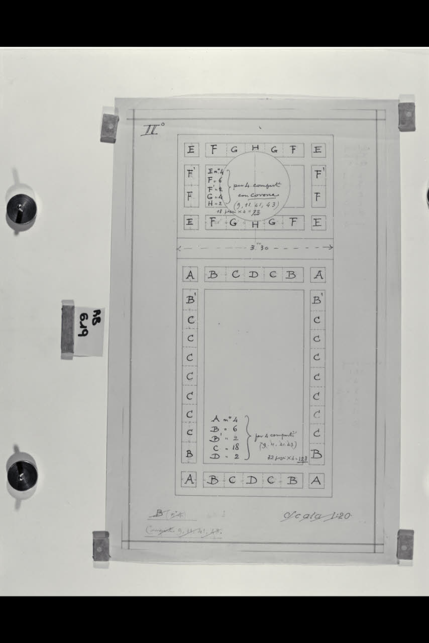 Schema per la decorazione dei comparti dei prospetti nella Nuova Pinacoteca Vaticana (disegno) di Beltrami, Luca ((?)) (sec. XX)
