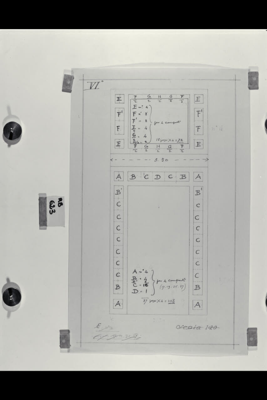 Schema per la decorazione dei comparti dei prospetti nella Nuova Pinacoteca Vaticana (disegno) di Beltrami, Luca ((?)) (sec. XX)
