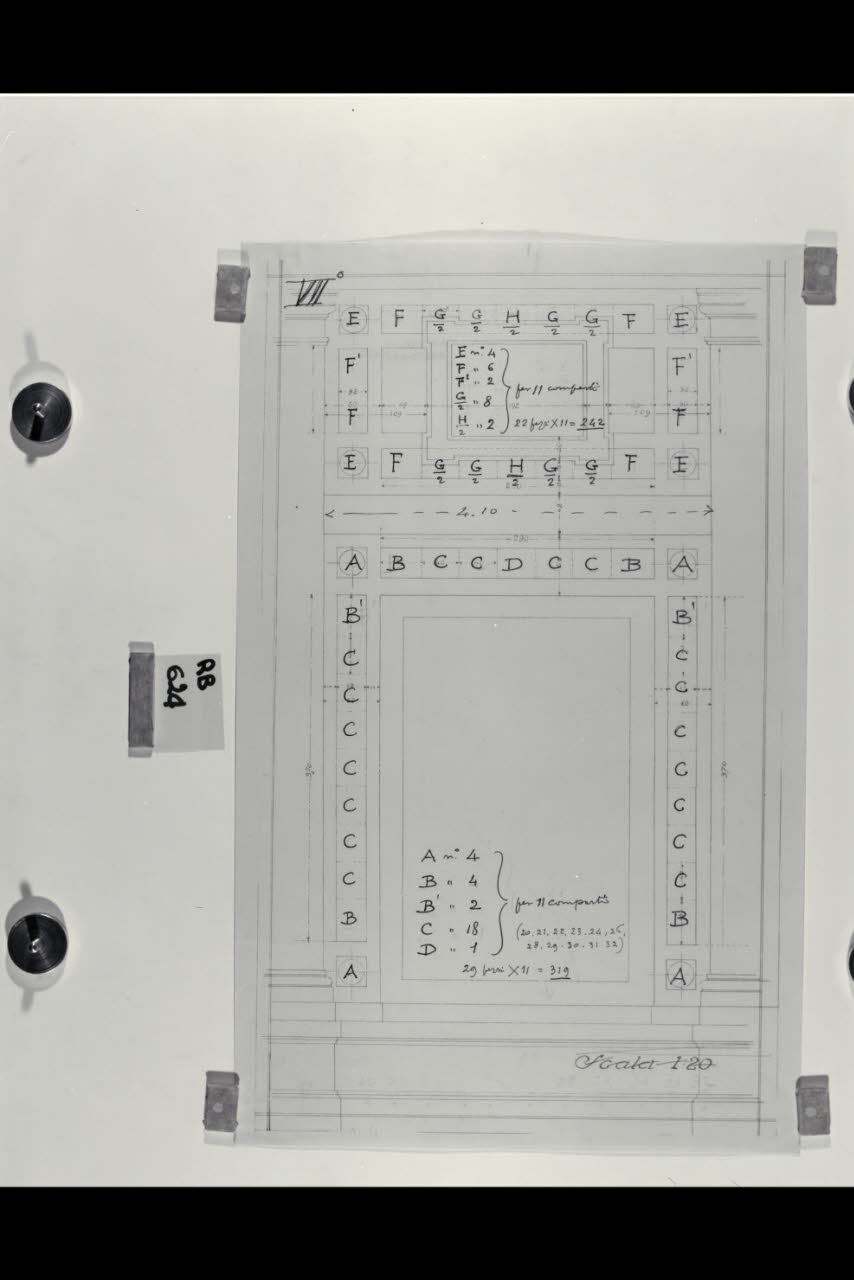 Schema per la decorazione dei comparti dei prospetti nella Nuova Pinacoteca Vaticana (disegno) di Beltrami, Luca ((?)) (sec. XX)