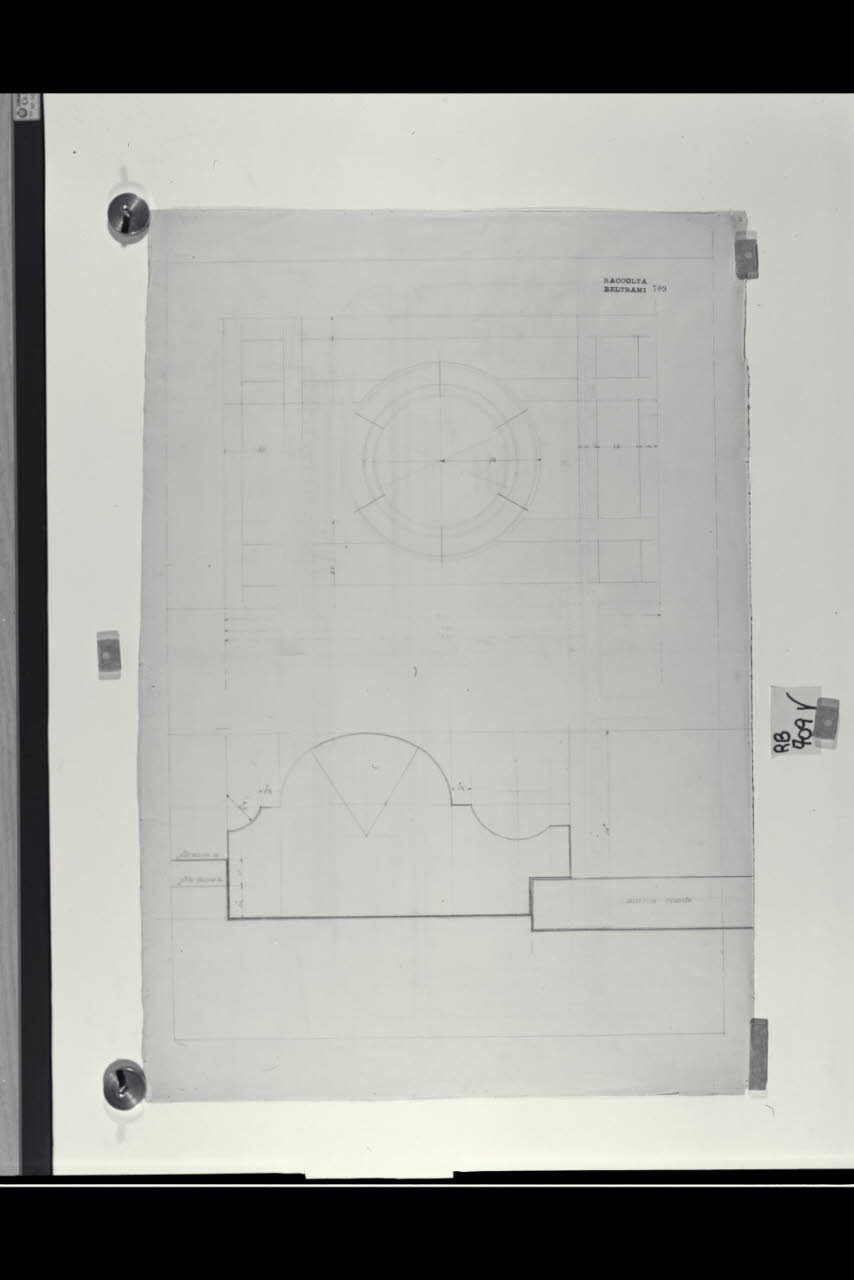Prospetto e sezione dello schema per i comparti con corone di alloro delle facciate della Nuova Pinacoteca Vaticana (disegno) di Beltrami, Luca ((?)) (sec. XX)