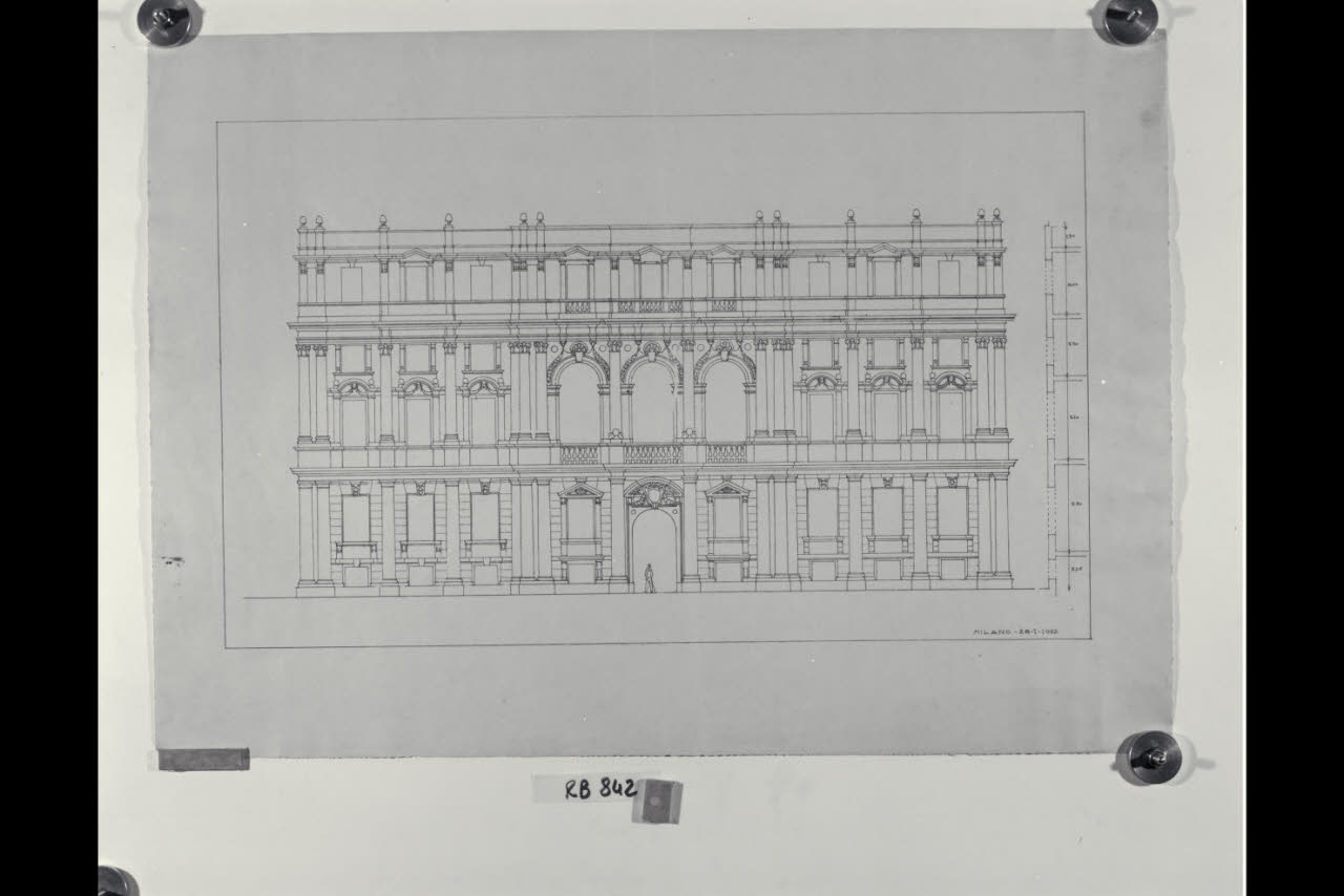 Prospetto della sede di Milano della Banca Commerciale Italiana in piazza della Scala e via Manzoni, Prospetto della sede di Milano della Banca Commerciale Italiana in piazza della Scala e via Manzoni (disegno) di Beltrami, Luca ((?)) (sec. XX)