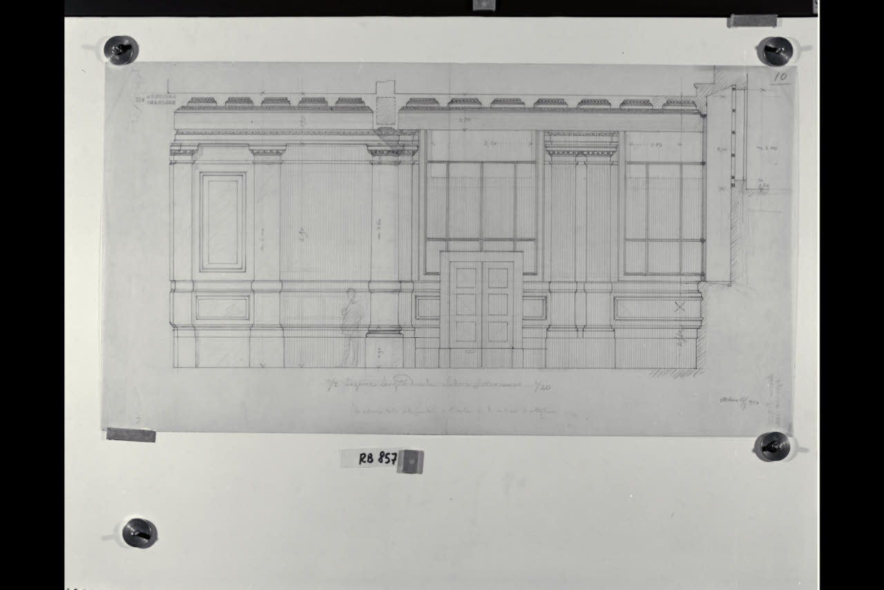 Sezione longitudinale del salone sotterraneo della sede di Milano della Banca Commerciale Italiana in piazza della Scala e via Manzoni, Sezione longitudinale del salone sotterraneo della sede di Milano della Banca Commerciale Italiana in piazza della Scala e via Manzoni (disegno) di Beltrami, Luca ((?)) (sec. XX)