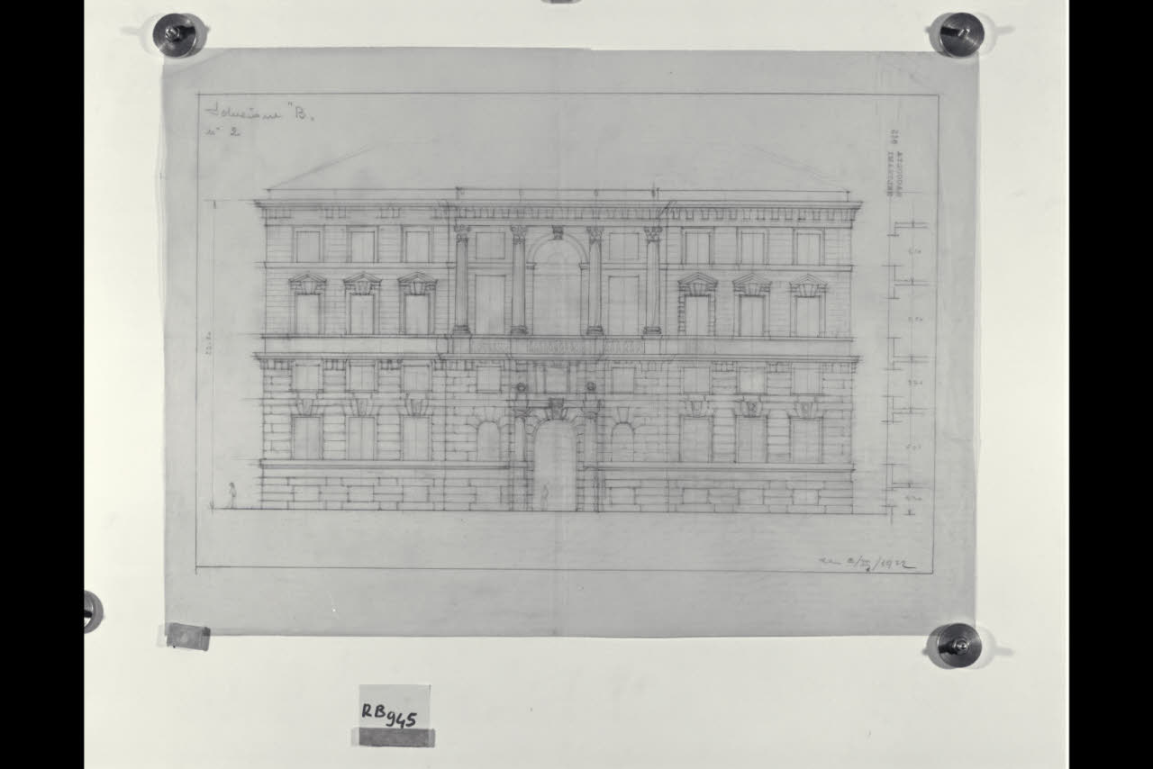 Prospetto della sede centrale di Milano della Banca Commerciale Italiana in piazza della Scala e via Santa Margherita, Prospetto della sede centrale di Milano della Banca Commerciale Italiana in piazza della Scala e via Santa Margherita (disegno) di Beltrami, Luca ((?)) (sec. XX)