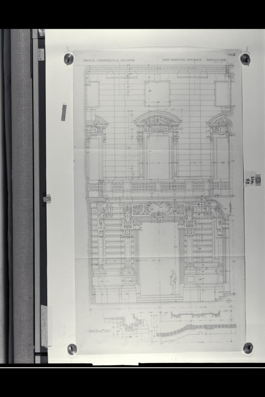 Prospetto parziale della sede centrale di Milano della Banca Commerciale Italiana in piazza della Scala, Prospetto parziale della sede centrale di Milano della Banca Commerciale Italiana in piazza della Scala (disegno) di Beltrami, Luca (sec. XX)