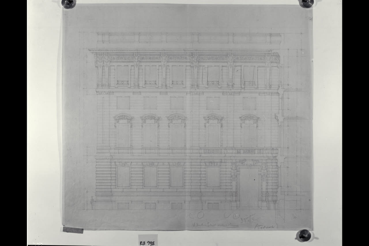 Prospetto della sede centrale di Milano della Banca Commerciale Italiana in piazza della Scala, Prospetto della sede centrale di Milano della Banca Commerciale Italiana in piazza della Scala (disegno) di Beltrami, Luca (sec. XX)