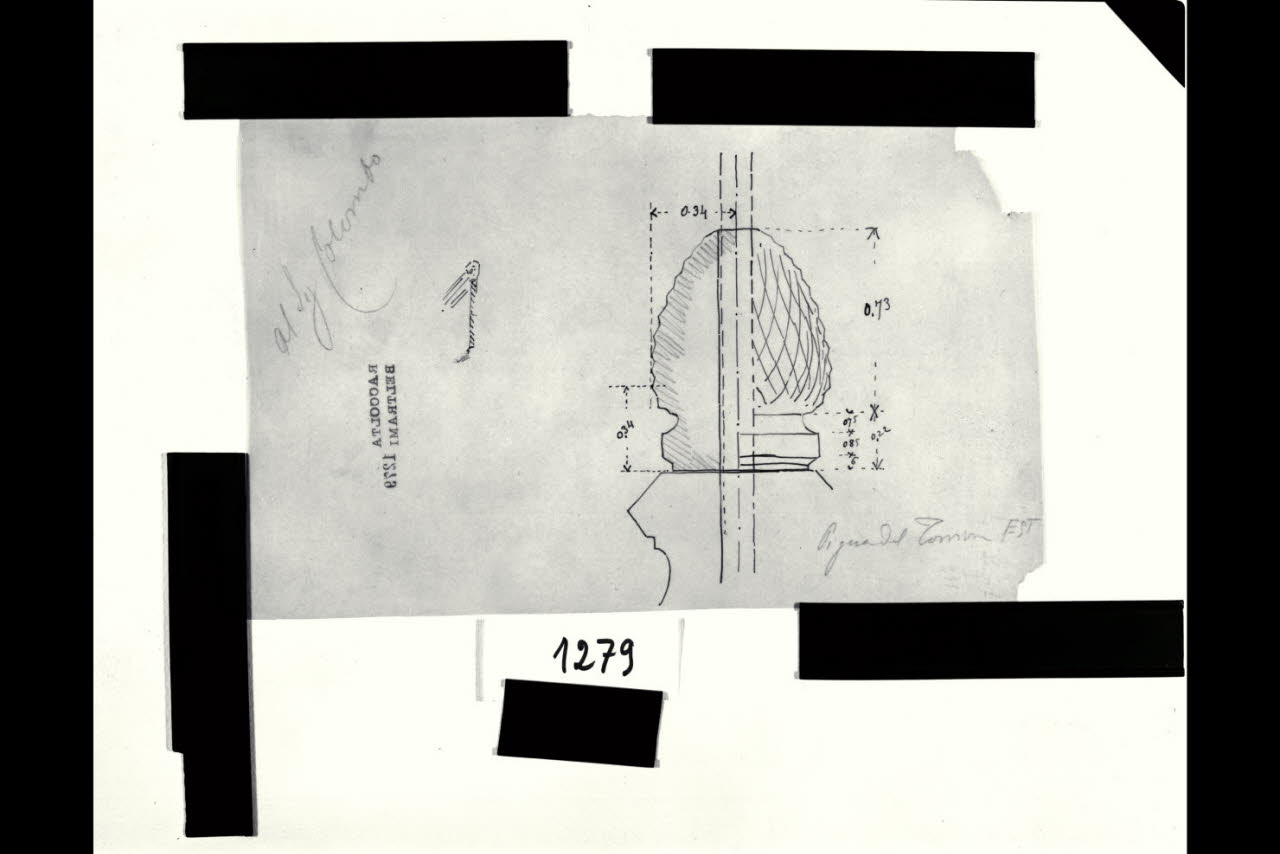 Prospetto e sezione della pigna di coronamento del Torrione est del Castello Sforzesco di Milano, Prospetto e sezione della pigna di coronamento del Torrione est del Castello Sforzesco di Milano (disegno) di Beltrami, Luca (sec. XIX)